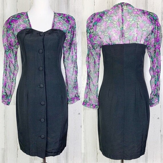 Vintage 80s Purple Floral Chiffon Long Sleeve Butt