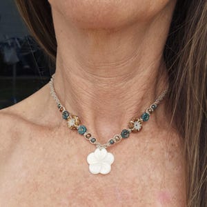 Ocean Lover Flower Necklace, Coastal Boho Jewelry, Surfer Chick Choker, Unique Czech Glass Flower Necklace, All Seasons Colour Jewelry