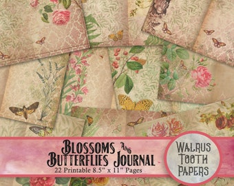 BLOSSOMS AND BUTTERFLIES Printable Junk Journal Kit, Instant Download, digital collage sheet, scrapbook paper