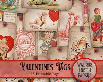 Vintage VALENTINES TAGS Printable Ephemera, Instant Download, digital collage sheet, scrapbook and junk journal paper