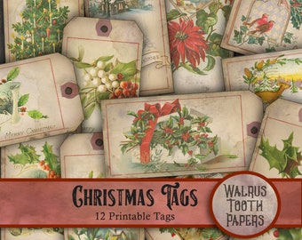 Vintage CHRISTMAS TAGS Printable Ephemera, Instant Download, digital collage sheet, scrapbook and junk journal paper