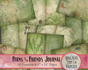 FERNS AND FRIENDS Printable Junk Journal Kit, Instant Download, digital collage sheet, scrapbook paper