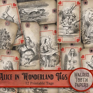 ALICE in WONDERLAND TAGS! Printable Ephemera, Instant Download, digital collage sheet, scrapbook and junk journal paper