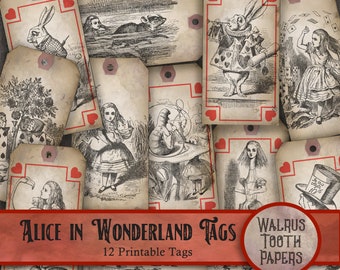 Könnte beinhalten: Zwölf druckbare Etiketten mit Illustrationen aus Alice im Wunderland. Die Etiketten sind im Vintage-Stil mit einer abgenutzten Papierstruktur. Die Illustrationen zeigen Alice, den Hutmacher, die Grinsekatze und die Herzkönigin.