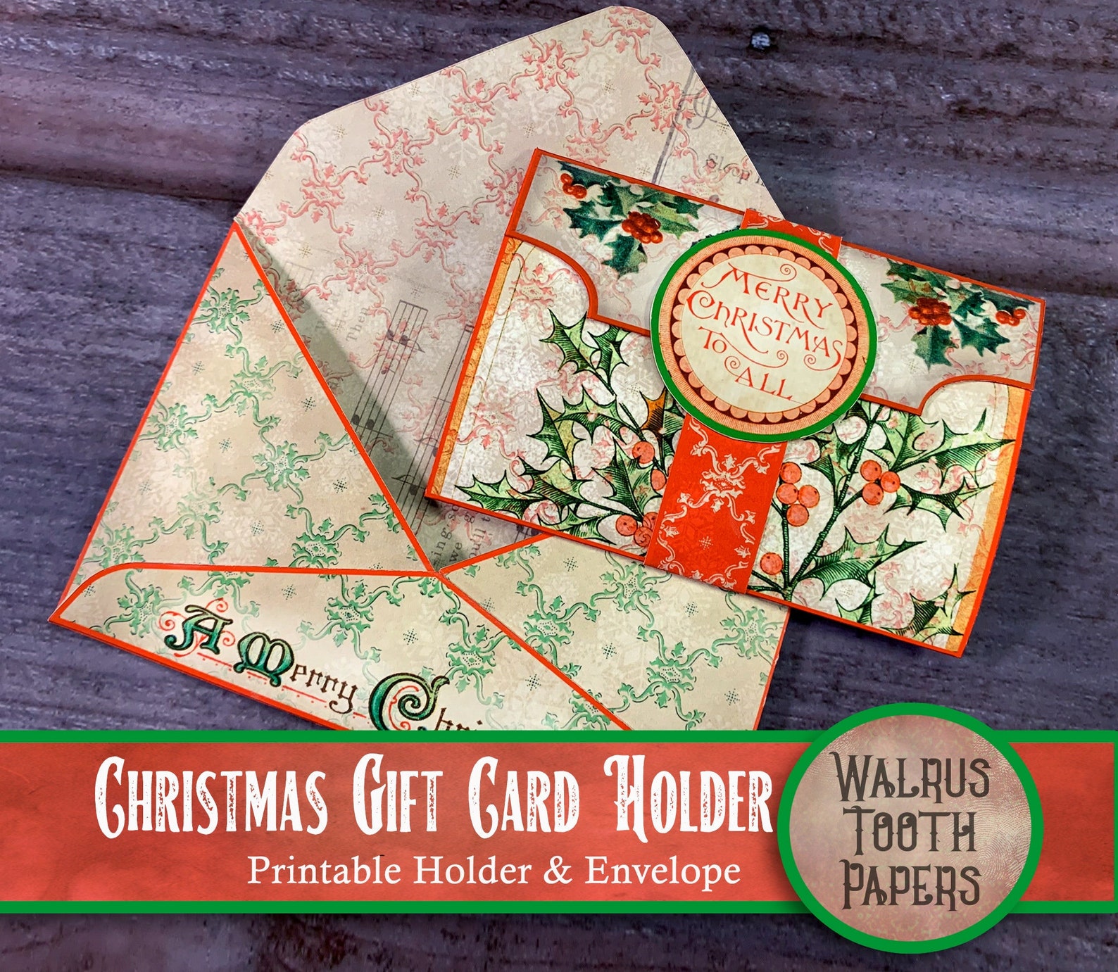 Printable Christmas GIFT CARD HOLDER, Instant Download, Vintage Santa