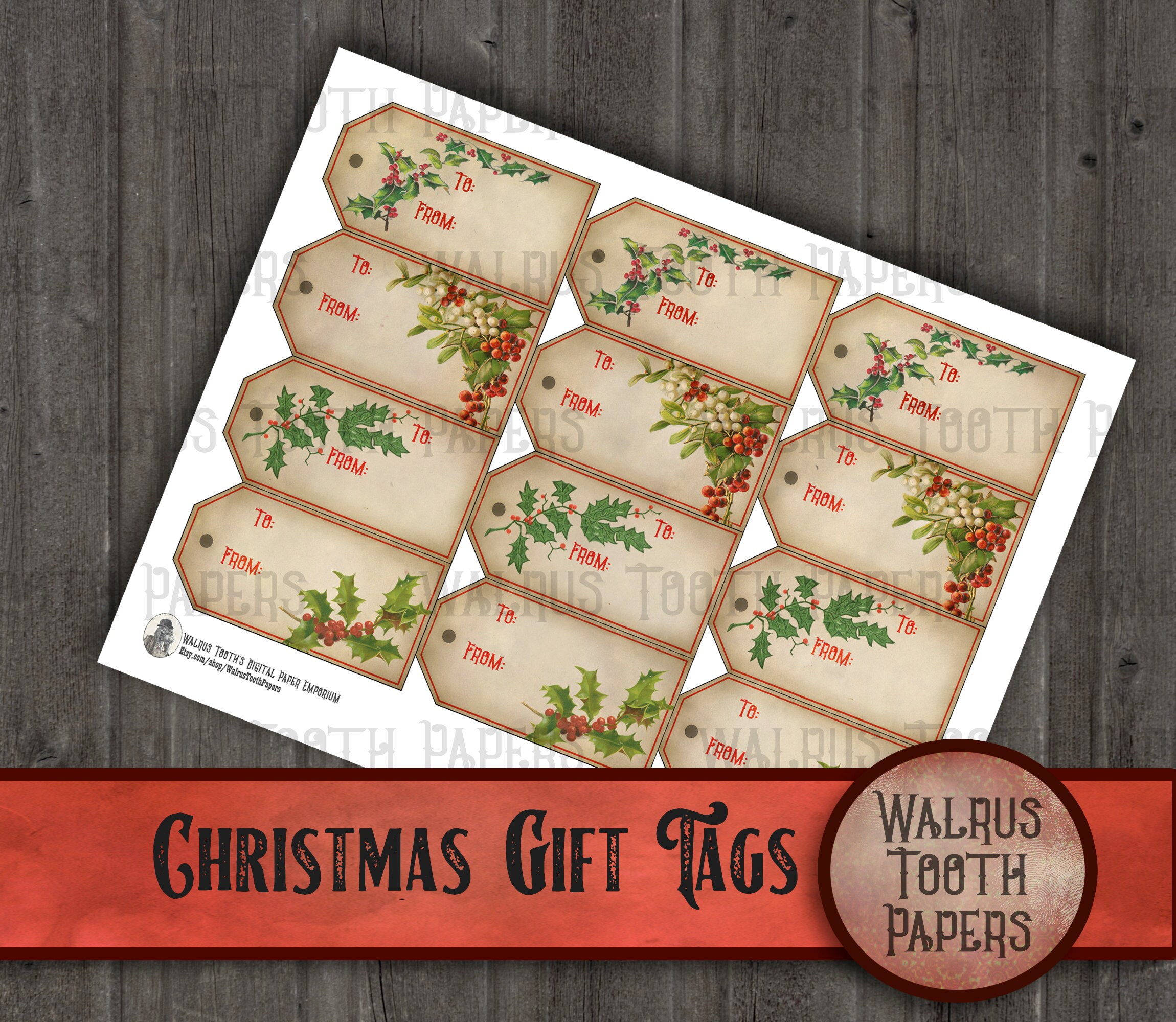 Printable CHRISTMAS GIFT TAGS With Vintage Holly, Instant Download - Etsy