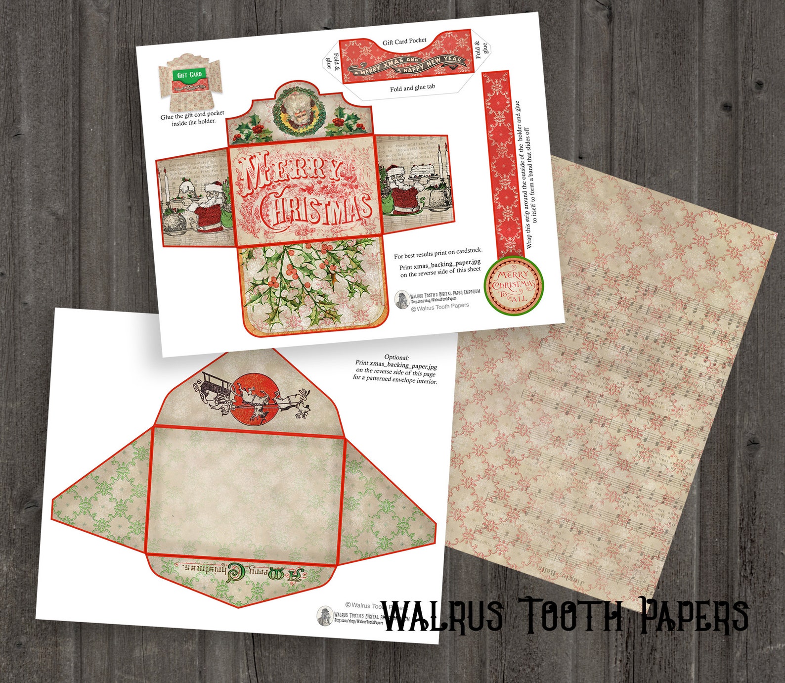 Printable Christmas GIFT CARD HOLDER, Instant Download, Vintage Santa