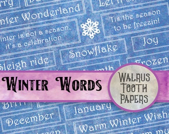 Winter Words and Phrases! Junk Journal and scrapbook printable digital download, DIY paper crafting collage sheet