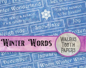 Winter Words and Phrases! Junk Journal and scrapbook printable digital download, DIY paper crafting collage sheet