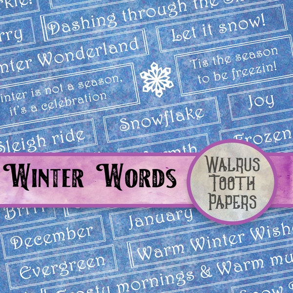 Winter Words and Phrases! Junk Journal and scrapbook printable digital download, DIY paper crafting collage sheet