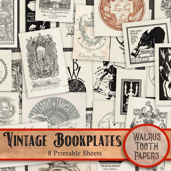 PRINTABLE VINTAGE BOOKPLATES, Instant Download, digital ephemera, scrapbook and junk journal paper,