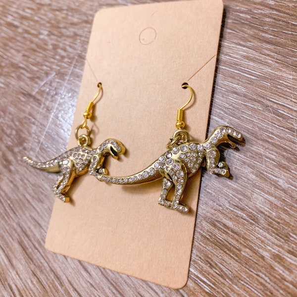 Dinosaur Earrings, Gold and Rhinestone Dinosaur Earrings, T-Rex Earrings, Jurassic Earrings, Quirky Earrings, Fun Earrings