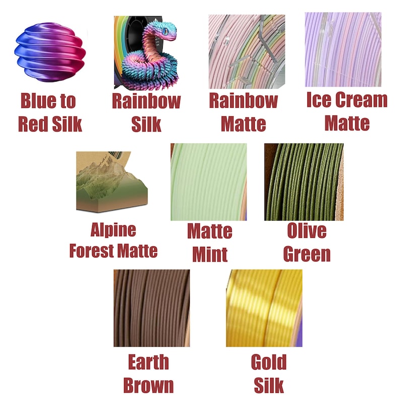 May include: A collection of 3D printing filament spools in various colors. Colors include blue to red silk, rainbow silk, rainbow matte, ice cream matte, alpine forest matte, matte mint, olive green, earth brown, and gold silk. Each spool is labeled with its color.