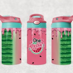 May include: A water bottle with a watermelon theme. The bottle has a pink lid and a teal top. The design features a pink background with dripping glitter, a green watermelon rind, and the text "One in a Melon."