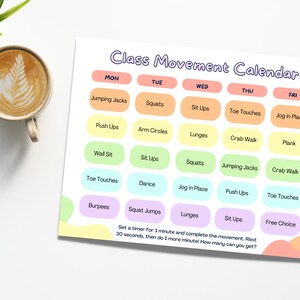 Classroom Movement Calendar for Kids | In School Class Activities | Fun Easy Active Games for Teachers