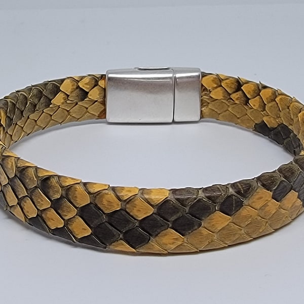 Snakeskin Bracelet Leather Yellow Gold 10mm Flat Magnetic Bracelet | Exotic Skin Bracelet Gift for Men and Women | Genuine Snake Skin Python