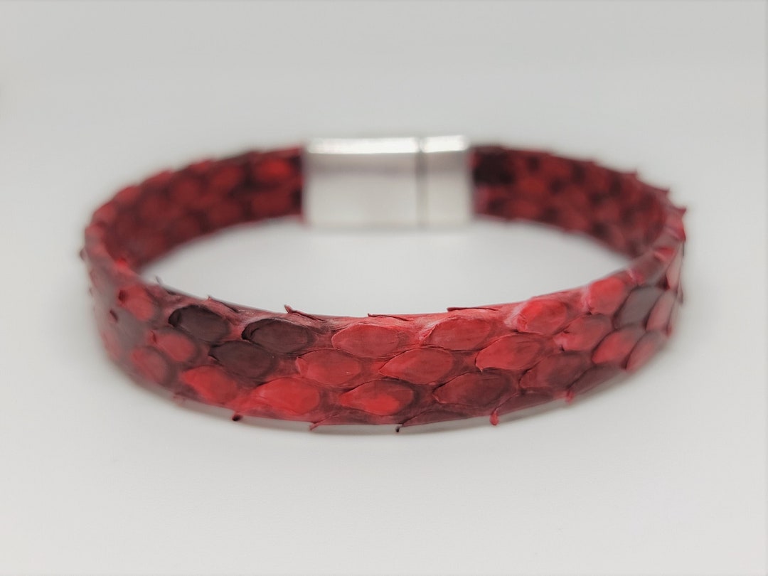 Real Python Snake Skin Bracelet Leather Red 10mm Flat Bracelet