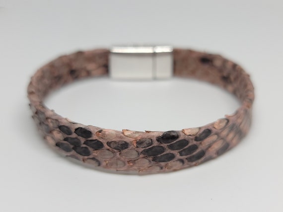 Python Snake Skin Bracelet Nude Pink 10mm Flat Leather Magnetic