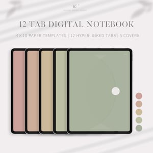 Digitales Notizbuch, 12 Hyperlinked Tabs für Goodnotes Notability, iPad, 4 Cover, Graph, Liniert, Grid, Dotted, Blank, Cornell Templates
