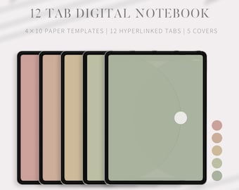 Cuaderno digital, 12 pestañas con hipervínculos para Goodnotes Notability, iPad, 4 portadas, gráfico, rayado, cuadrícula, punteado, en blanco, plantillas Cornell