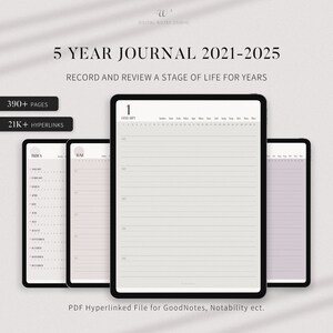 May include: A digital planner on a tablet screen with the text "5 YEAR JOURNAL 2021-2025" and "RECORD AND REVIEW A STAGE OF LIFE FOR YEARS". The planner has a light gray background with white lines and a calendar at the top. The planner is divided into sections for each year from 2021 to 2025. The text "390+ PAGES" and "21K+ HYPERLINKS" is displayed on the screen.