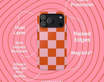 MagSafe Checkered Pale Pink-Orange Phone Case Tough Impact-Resistant Glossy Finish