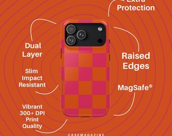 MagSafe Checkered Pink-Orage Phone Case Tough Impact-Resistant Glossy Finish