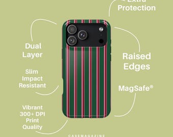 Funda MagSafe a rayas verde-rosa para teléfono, resistente a impactos y con acabado brillante.