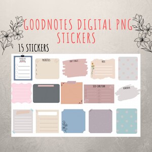 Puede incluir: Quince pegatinas digitales para planificadores para la aplicación Goodnotes. Las pegatinas son de varios colores y diseños, incluyendo una lista de tareas, prioridades, no olvides, nota, plan de autocuidado y recordatorio.