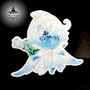 May include: A blue and white character with a white hood and wings, holding a scroll. The character is surrounded by a sparkly background.