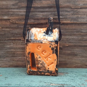 Ceramic Spooky House Ornament, Handmade Halloween Decor, Orange and Black Hanging , "Eek!"house.