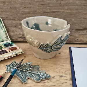Handmade Ceramic Water Pot and Brush Rest | Oak Leaf Acorn Stoneware