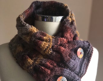 Multicolor Knit Neck Warmer - Autumn Colors Scarf Cable Knit with Buttons - Snood - Knitting Cowl - Women Teens Accessories