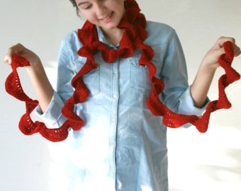 Ruffled Scarf in Red - Long Scarflette - Christmas Gift - Spring Fall Winter Knit  Fashion - Women Teens Accessories