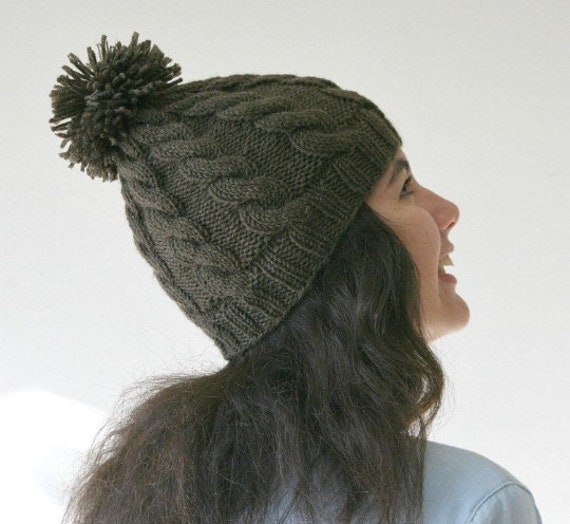 Brown Cable Knit Hat With Pom Pom - Slouchy Beanie - Beret 