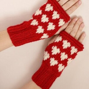 Heart Knit Fingerless Gloves in Red - Handknit Mittens - Gift for Her - Arm Warmers - Women Teens Accessories - Winter Fashion