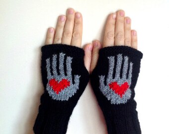 Red Heart on My Hand Knit Fingerless Gloves - Wool Gloves - Gift for Her - Teen Accessories - Black Mittens