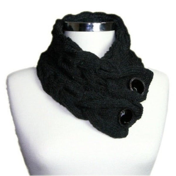 Charcoal Grey Neck Warmer Scarf Cable Knit with Gray Black Buttons - Women Teens Accessories - Autumn Winter Fashion - Cowl - Snood