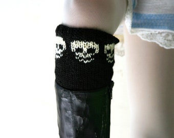 Skull Boot Cuffs in Black and Cream -  - Boot Tops - Knit Black Boot Socks - Fall Winter Fashion - Women Teens Accessories