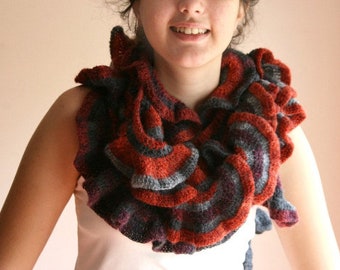 Ruffled Scarf in Grey and Rust - Mohair Scarflette - Spring Fall Winter Knit  Fashion - Women Teens Accessories