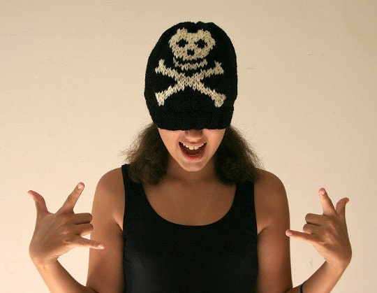 Skull and Crossbones Knit Hat in Black and Cream - Slouchy Knit Beanie ...