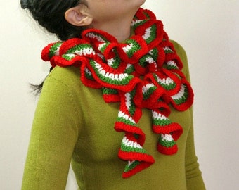 Christmas Ruffles Scarf in Red Green and Ivory - Long Scarflette - Winter Holiday Accessories - Gift For Her