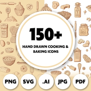May include: A collection of hand-drawn cooking and baking icons in a beige color scheme. The image features a large circular graphic with the text "150+ HAND DRAWN COOKING & BAKING ICONS". Below the circle are the file type icons: PNG, SVG, .AI, JPG, and PDF.