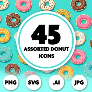 May include: A colorful illustration of 45 assorted donut icons. The icons are in various colors and designs, including sprinkles, chocolate, and glazed. The text "45 Assorted Donut Icons" is in the center of the image. The icons are surrounded by a white circle with a blue background.