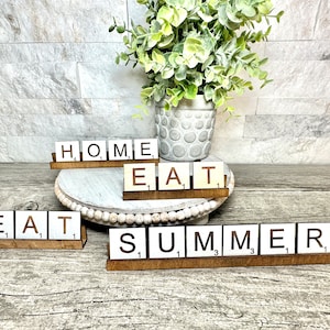 Mini scrabble tiles, Farmhouse decor, Tiered tray decor, Wood scrabble tiles,  scrabble letters, tiered tray signs, shelf sitter