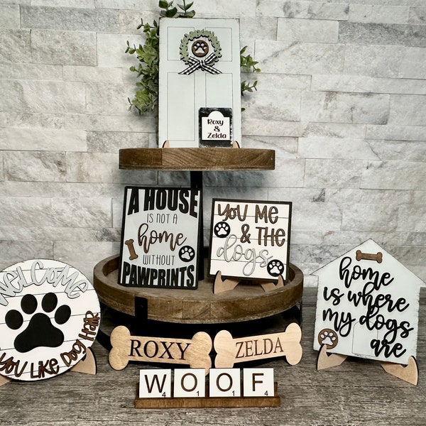 Dog themed tiered tray decor, Personalized dog signs, dog mom gifts, Engraved wood signs for decorative trays, dog decor for home