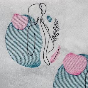 Op de afbeelding: Twee abstracte lijntekeningen van figuren met roze en turquoise vormen en bladeren. De figuren zijn omlijnd in zwart en de vormen zijn gevuld met kleur.