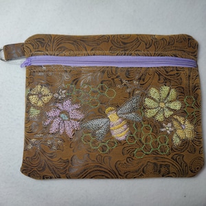 Handmade Embroidered Floral Bee Zippered Bag, Bumblebee Makeup Bag