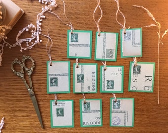 CLEARANCE Green gift tags | for junk journaling, scrapbooking, gifts | made using a vintage music book cover and used French stamps