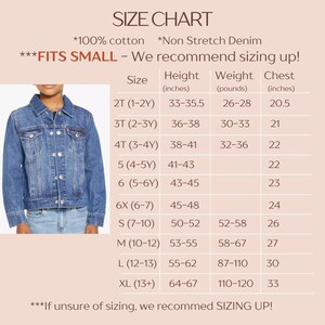 The image is a size chart for a denim jacket, providing measurements and recommendations for different age groups.